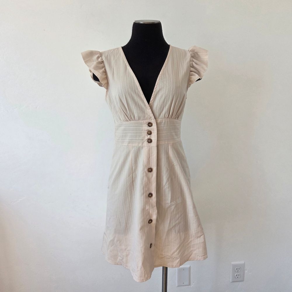 Flax Oatmeal Flutter Sleeve Sun Dress Button Front Cottagecore Milkmaid Renfaire